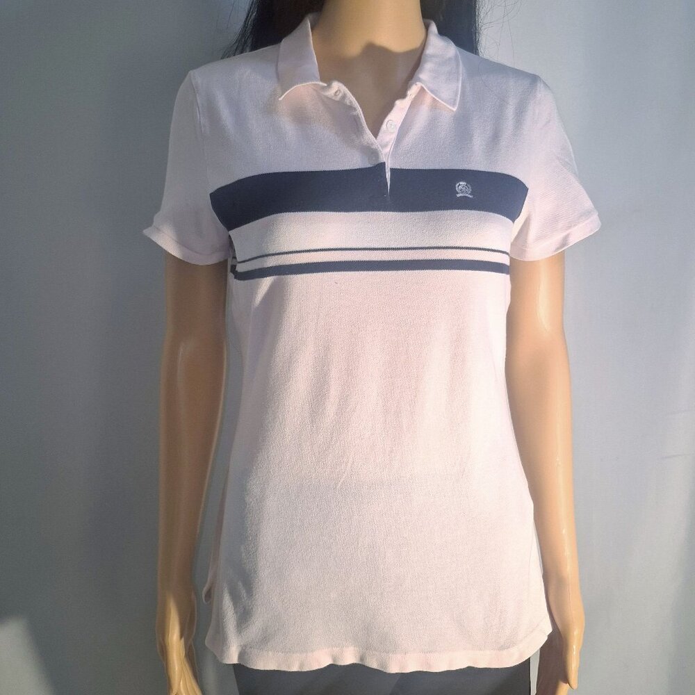 TOMMY HILFIGER Ladie's Polo top, Pink with Blue/white stripes, size Medium